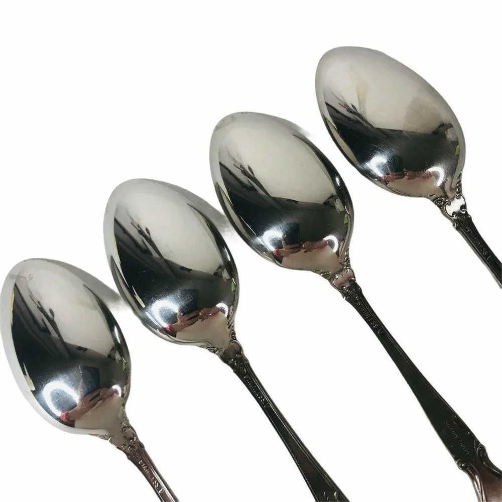 4 Lyon International Queens Fancy Soup Spoons Oval‎ Stainless Flatware Satin VTG